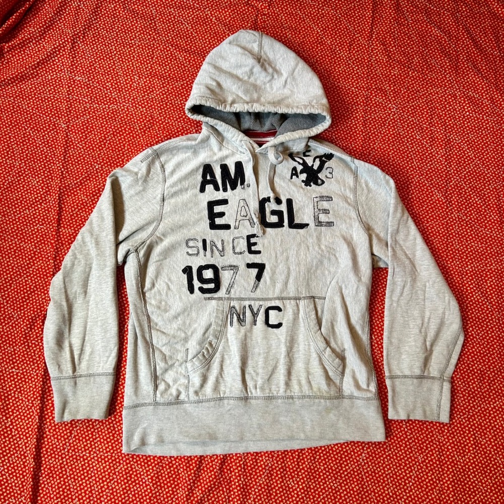 American Eagle Outfitters Mens XL Gray Graphic Hoodie Sweatshirt EST 1977 NYC